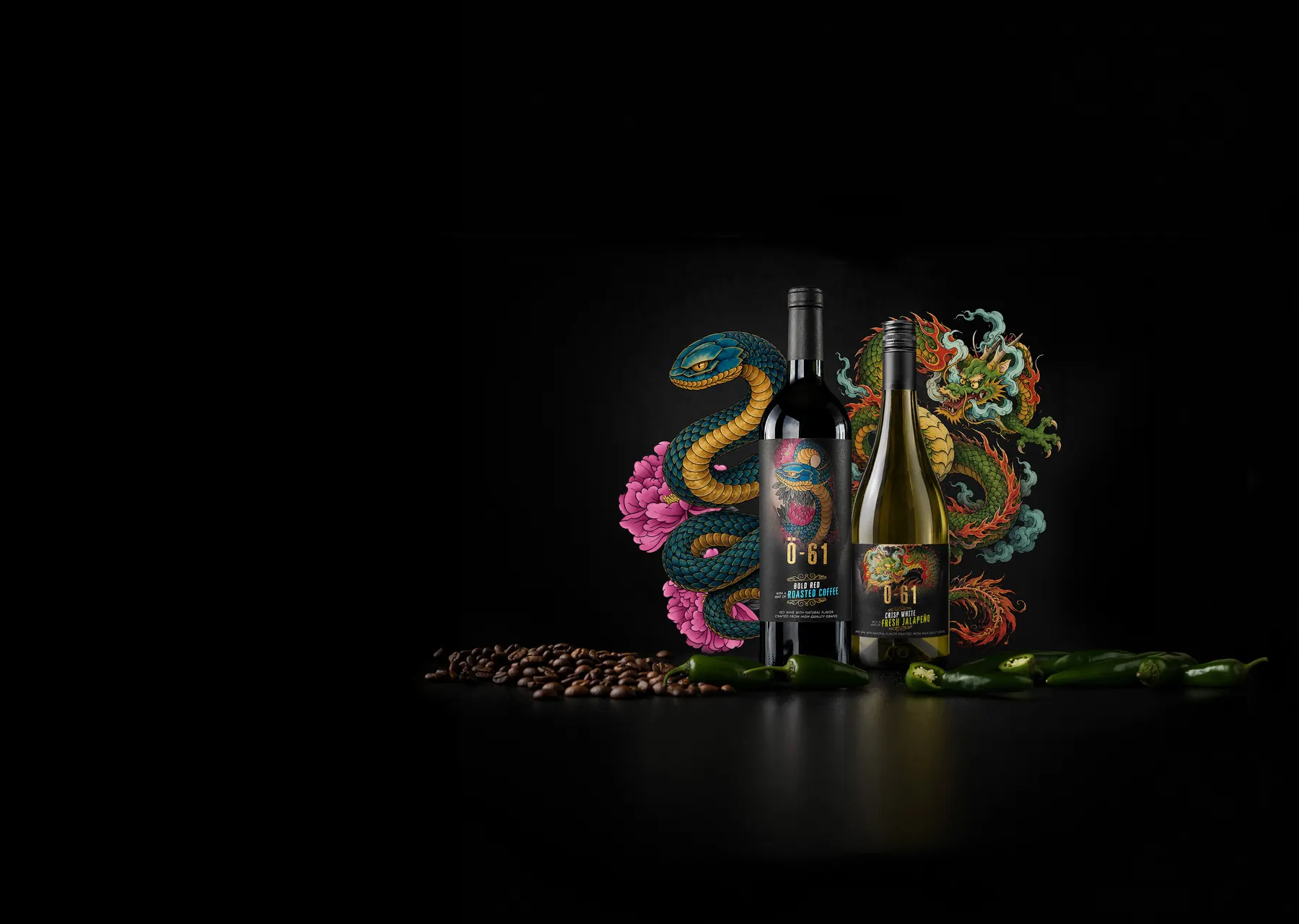 Ö-61 Roasted Coffee and Fresh Jalapeño bottles with their tattoo artwork