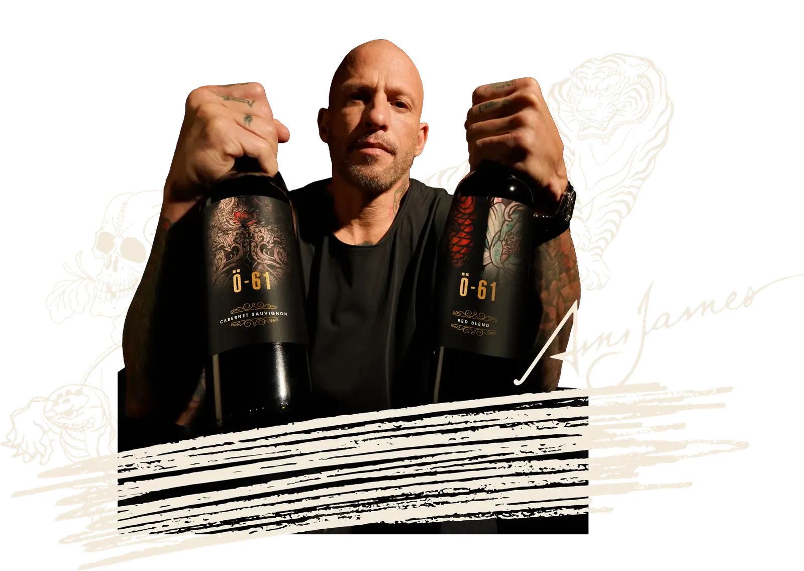 Ami James holding the Ö-61 Cabernet Sauvignon and Red Blend bottles