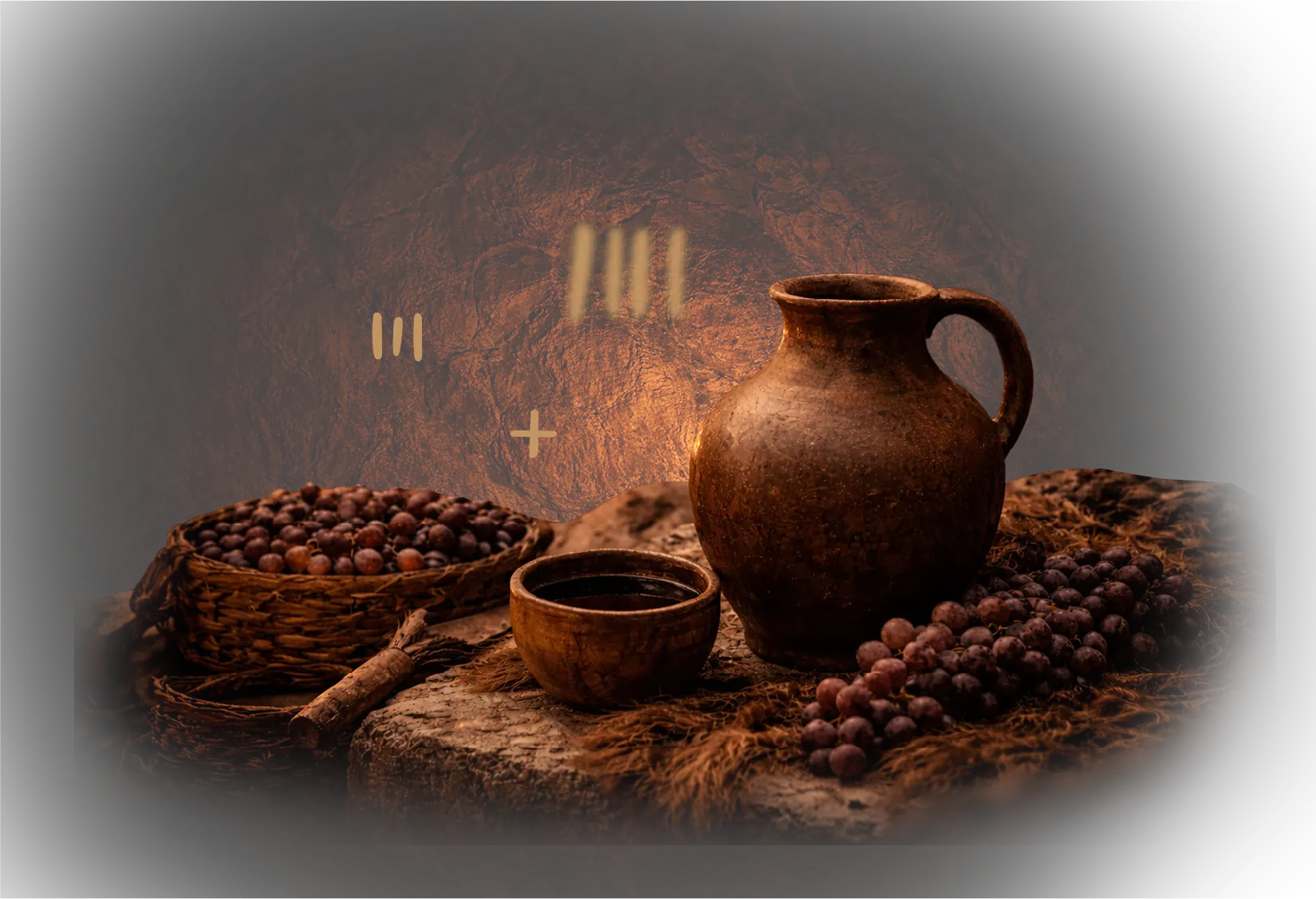 An ancient clay jug and bowls next to baskets of grapes